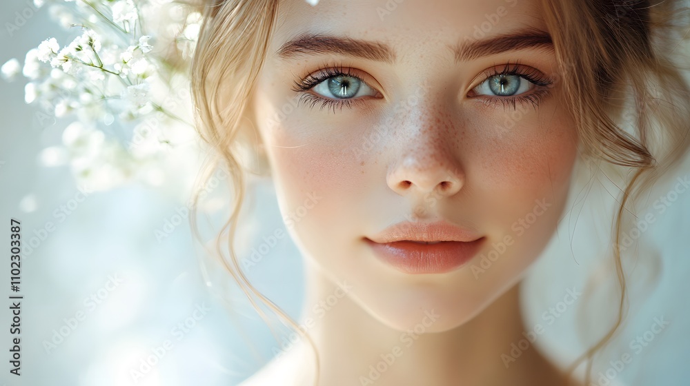 A young woman with striking blue eyes, her gaze calm and inviting. She wears a delicate floral adornment of baby's breath in her hair, which is styled in loose waves and framed around her face. A young woman with striking blue eyes, her gaze calm and inviting. She wears a delicate floral adornment of baby's breath in her hair, which is styled in loose waves and framed around her face.