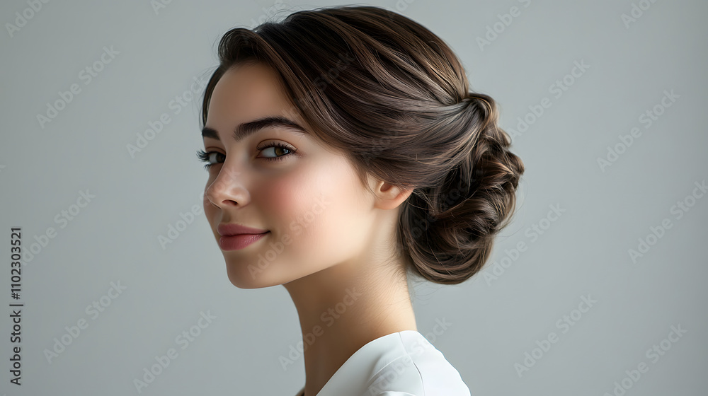 Beautiful smiling female model with updo hairstyle Beautiful smiling female model with updo hairstyle