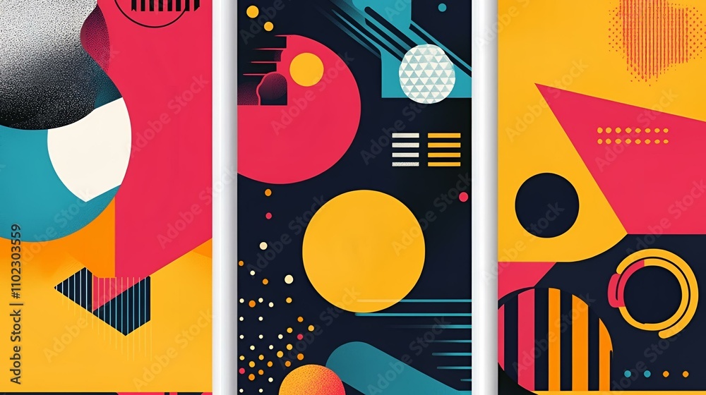 Obraz premium Set of three abstract posters featuring bold geometric patterns with clean lines and vibrant modern colors