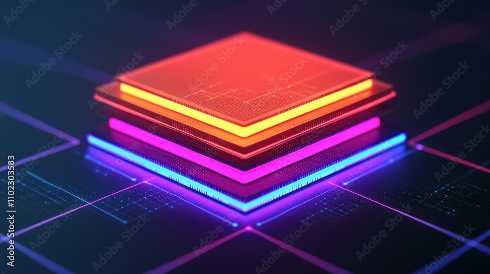 Digital Chip Design with Neon Colors and High-Tech Background Digital Chip Design with Neon Colors and High-Tech Background
