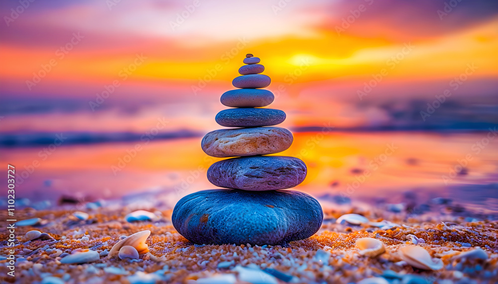 Obraz premium Colorful balancing stone wallpaper background, showcasing vibrant stacked stones in harmony, perfect for tranquil designs and serene visual aesthetics