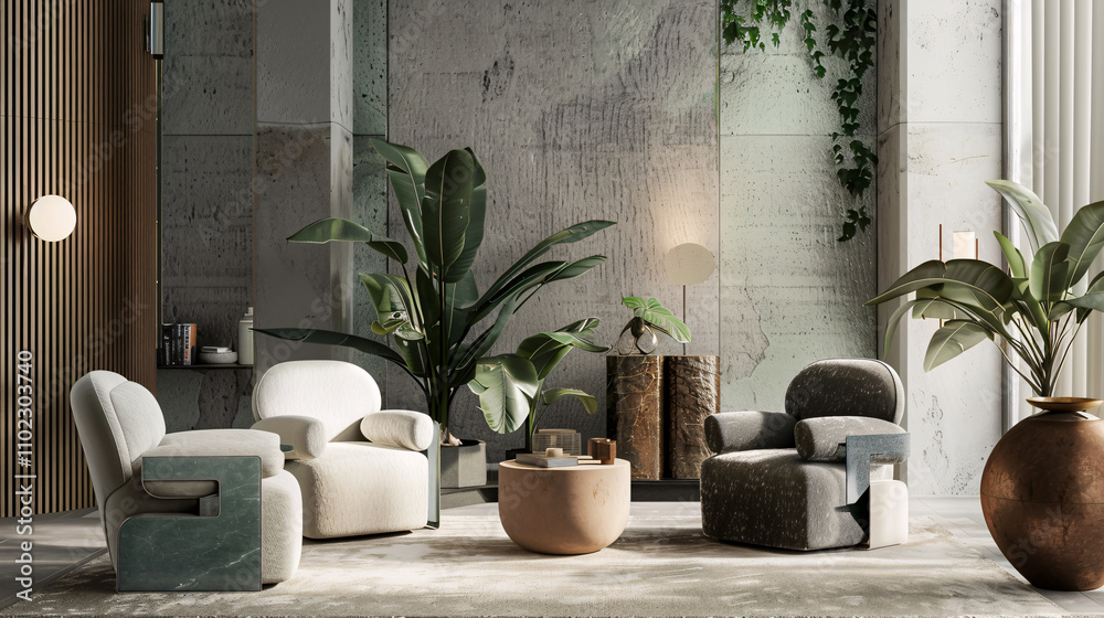 Collage of trendy armchairs in modern living room interiors. Collage of trendy armchairs in modern living room interiors.