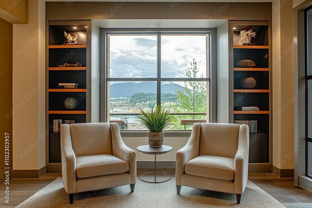 Obraz premium Stylish living space featuring cozy armchairs, a sleek shelf for decor, and a large window framing scenic outdoor views