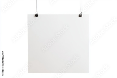 White Poster Hanging on Clips Against a White Background