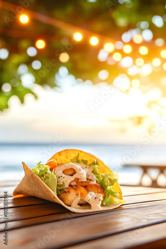 A taco filled with fresh fish, shredded lettuce, and creamy sauce, served on a picnic table with an ocean view background, ultrarealistic