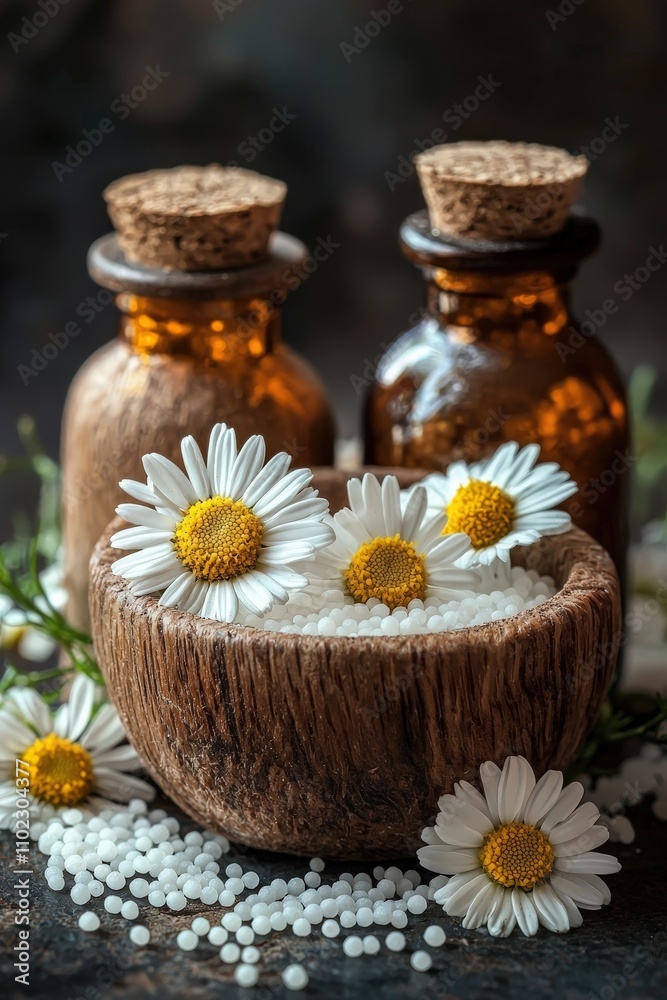 chamomile flowers homeopathy. Selective focus chamomile flowers homeopathy. Selective focus