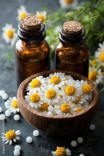 chamomile flowers homeopathy. Selective focus