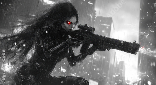 A black and white cyberpunk poster of a female with long hair wearing dark futuristic armor and holding an assault rifle.