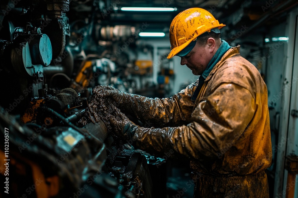 Skilled worker maintains machinery aboard a vessel in a dimly lit engine room. Generative AI