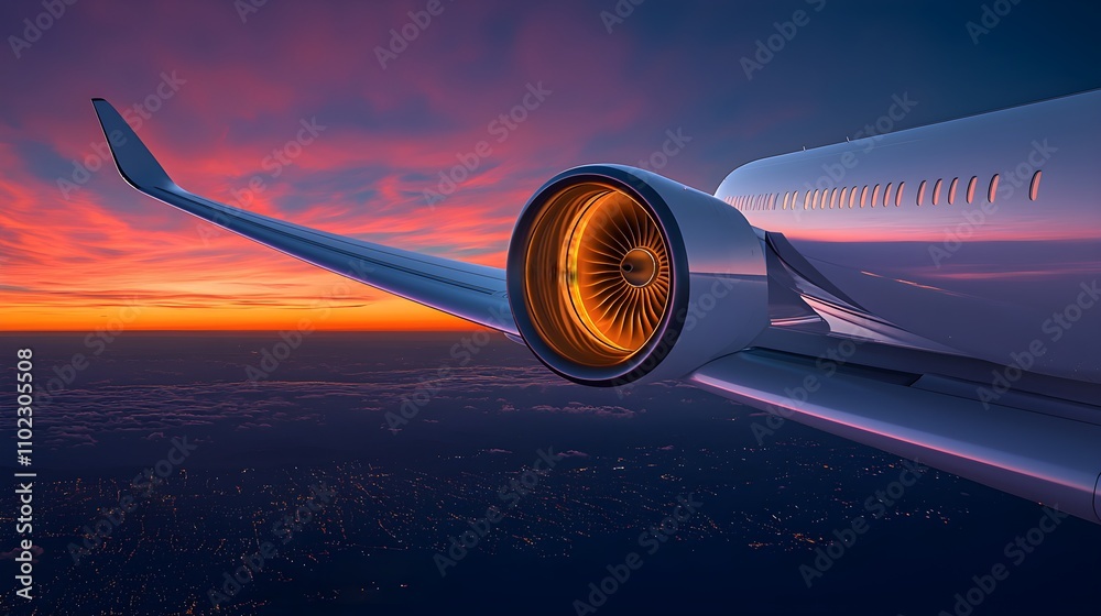 Fototapeta premium Stunning Sunset View from Airplane Wing with Modern Jet Engine, Vibrant Colors, and Dramatic Sky Over City Lights Below in a Beautiful Travel Experience