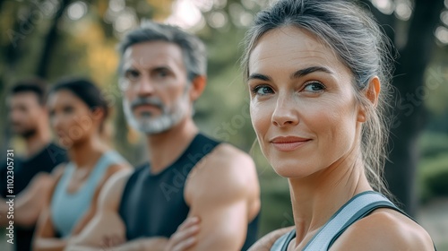 Group of diverse people enjoying an outdoor fitness session. A portrait of a confident woman, surrounded by a supportive group. Capturing the essence of community and wellness.