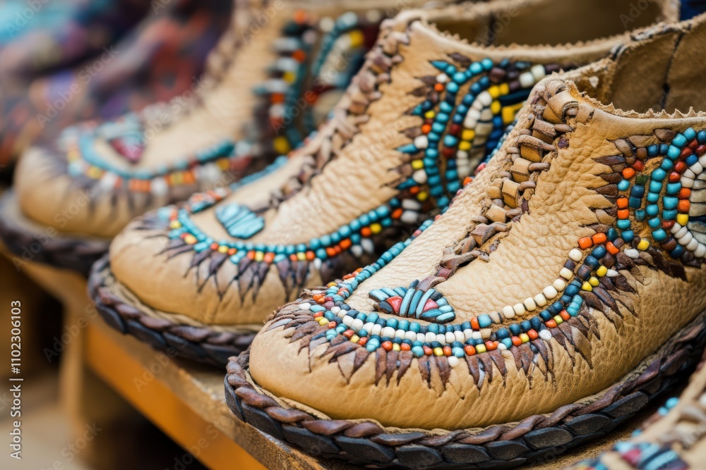 Fototapeta premium Moccasins. Handcrafted Native American Indian Beaded Leather Footwear at a San Francisco Powwow