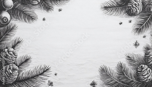 Black and whitw drawing christmas decoration tree cones ornament