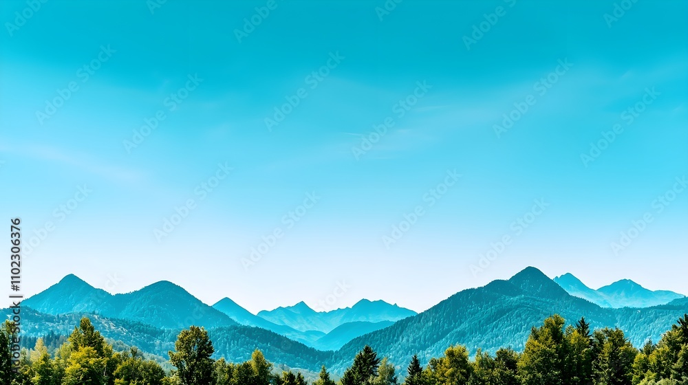 Fototapeta premium Serene Mountain Landscape with Lush Green Trees under a Clear Blue Sky in a Peaceful Natural Setting Ideal for Outdoor Enthusiasts and Nature Lovers