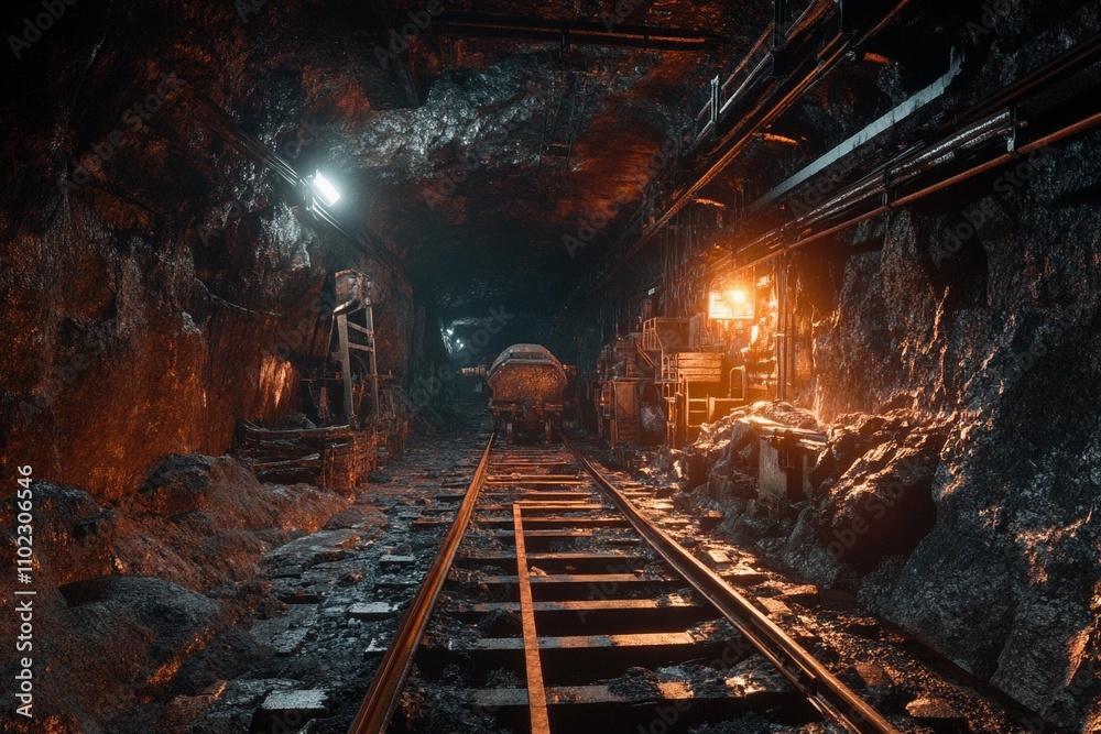 Naklejka premium Exploring the depths of an abandoned mine illuminated by soft orange glow. Generative AI