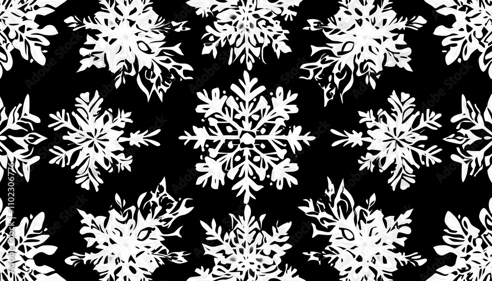 A seamless pattern of snowflakes on a black background A seamless pattern of snowflakes on a black background