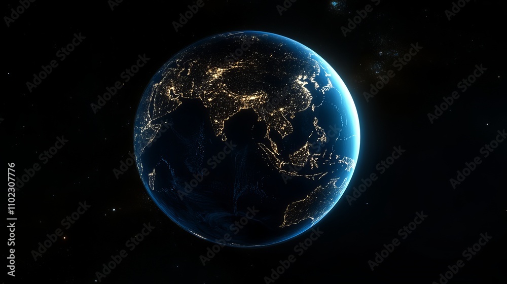 Fototapeta premium A stunning night view of planet Earth, focusing on Asian countries, with bright light lines illustrating global communication and connections.