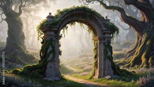 Moonlit Pathway Through Ancient Archway Amidst Mystical Trees photo