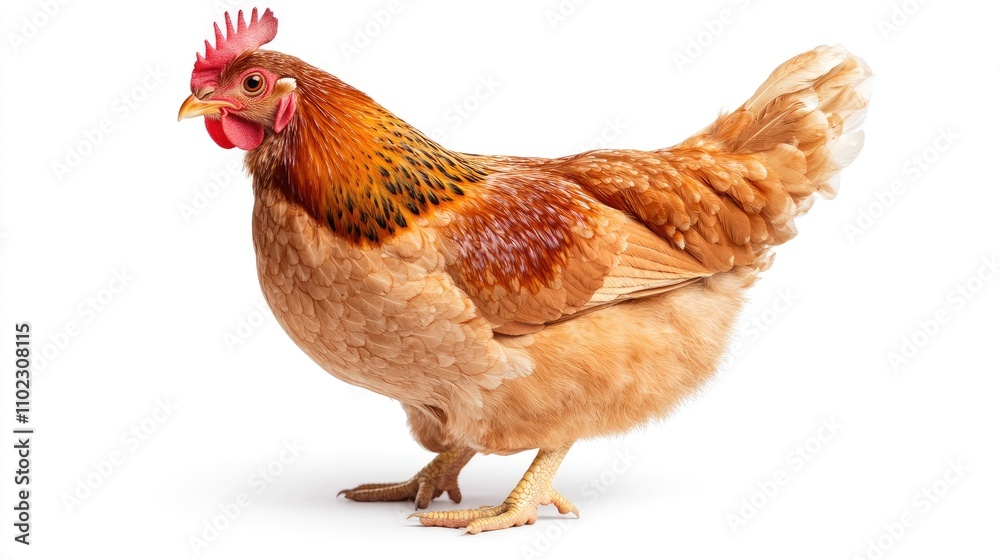 Fototapeta premium A Beautiful Brown Hen Standing Gracefully in Profile on a White Background Perfect for Agriculture, Farming, or Culinary Related Stock Photography Needs