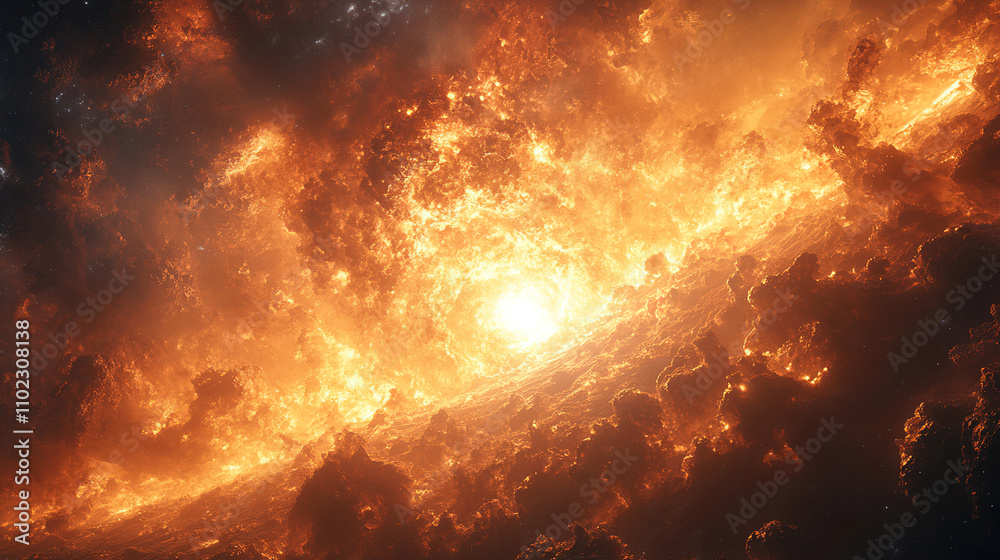 Vibrant cosmic explosion with orange flames and glowing celestial elements in a dark space environment. Generative AI