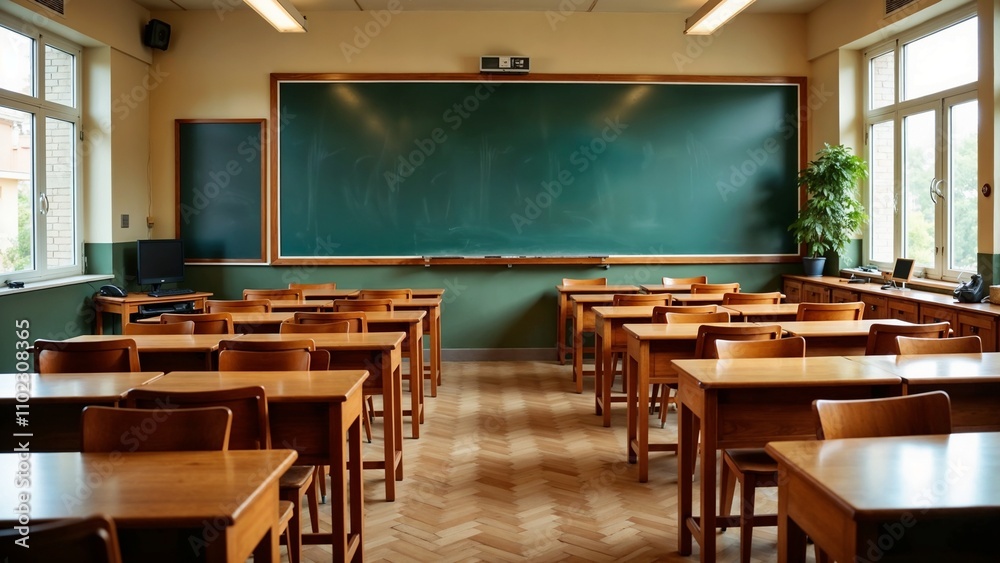 Engaging science classroom setting with wooden desks ready for lively discussions and experiments during a bright school day