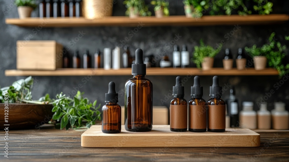 Amber dropper bottles displayed in a natural setting Amber dropper bottles displayed in a natural setting