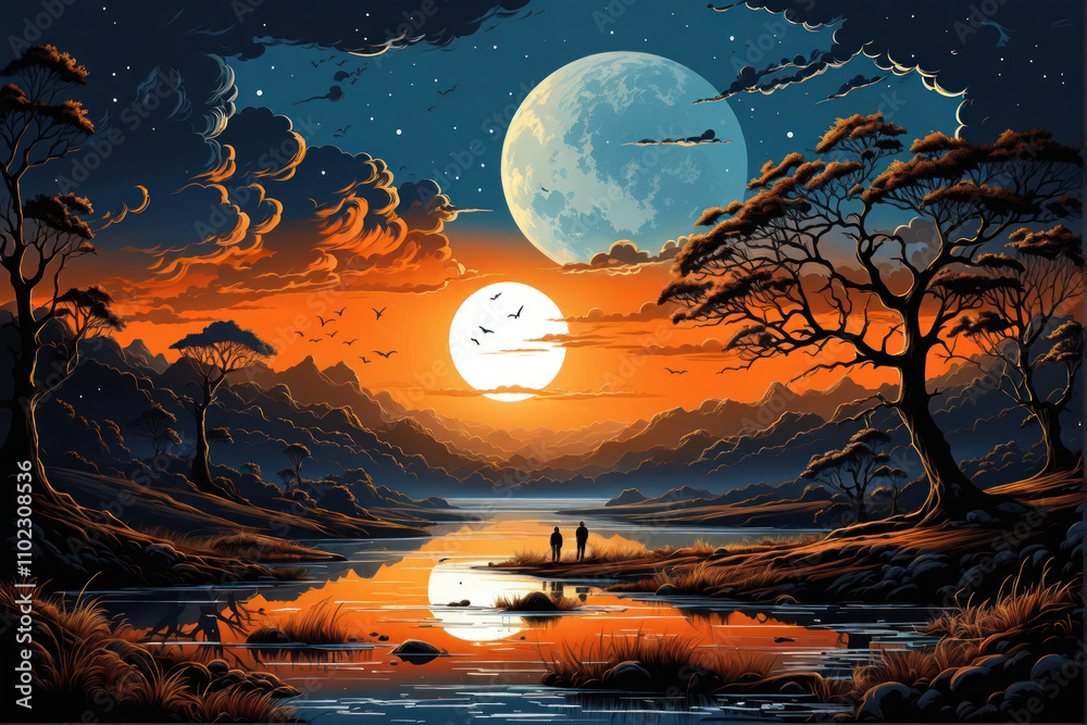 Illustration of Dramatic Orange and Blue Sky Over a Peaceful Lake with two Silhouettes Illustration of Dramatic Orange and Blue Sky Over a Peaceful Lake with two Silhouettes