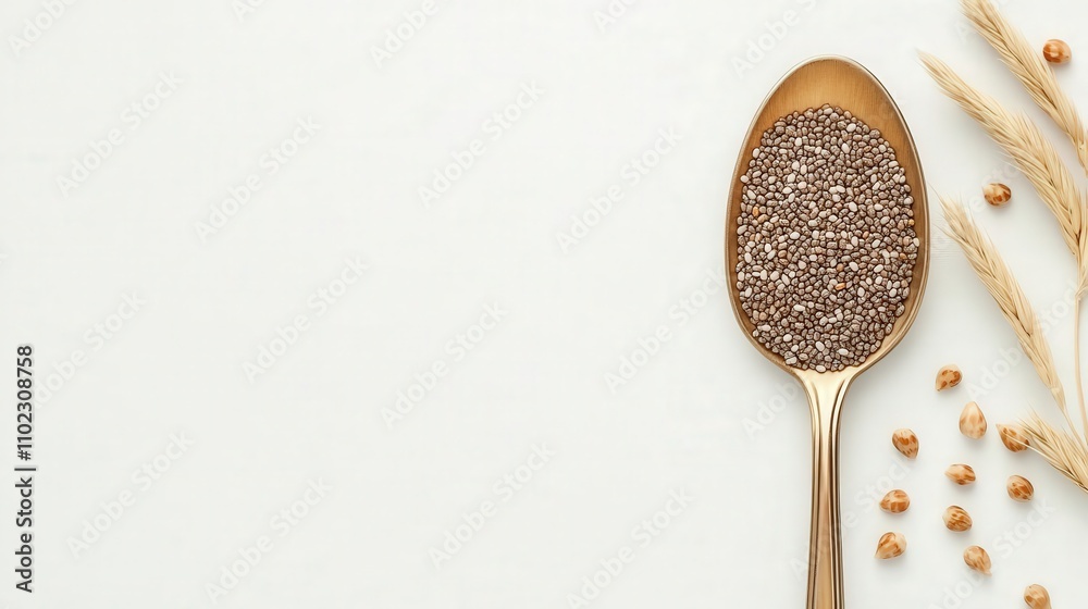 Golden spoon filled with nutritious seeds, surrounded by grains, showcasing healthy ingredients on a minimalist background for culinary inspiration. Golden spoon filled with nutritious seeds, surrounded by grains, showcasing healthy ingredients on a minimalist background for culinary inspiration.