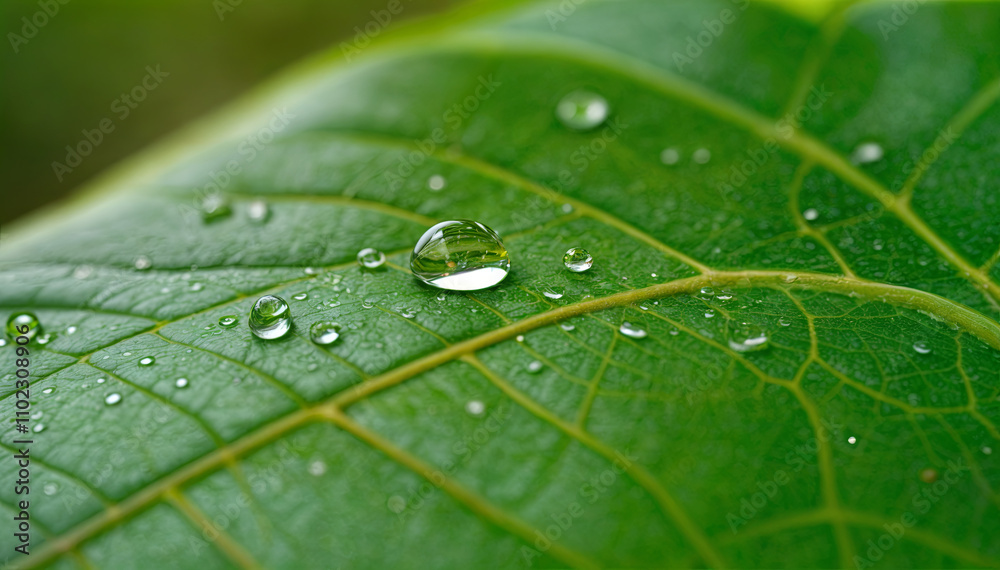 Close-up view of a leaf covered with clear water droplets reflecting sunlight. This natural setting showcases the beauty of fresh greenery, revealing intricate leaf textures Close-up view of a leaf covered with clear water droplets reflecting sunlight. This natural setting showcases the beauty of fresh greenery, revealing intricate leaf textures