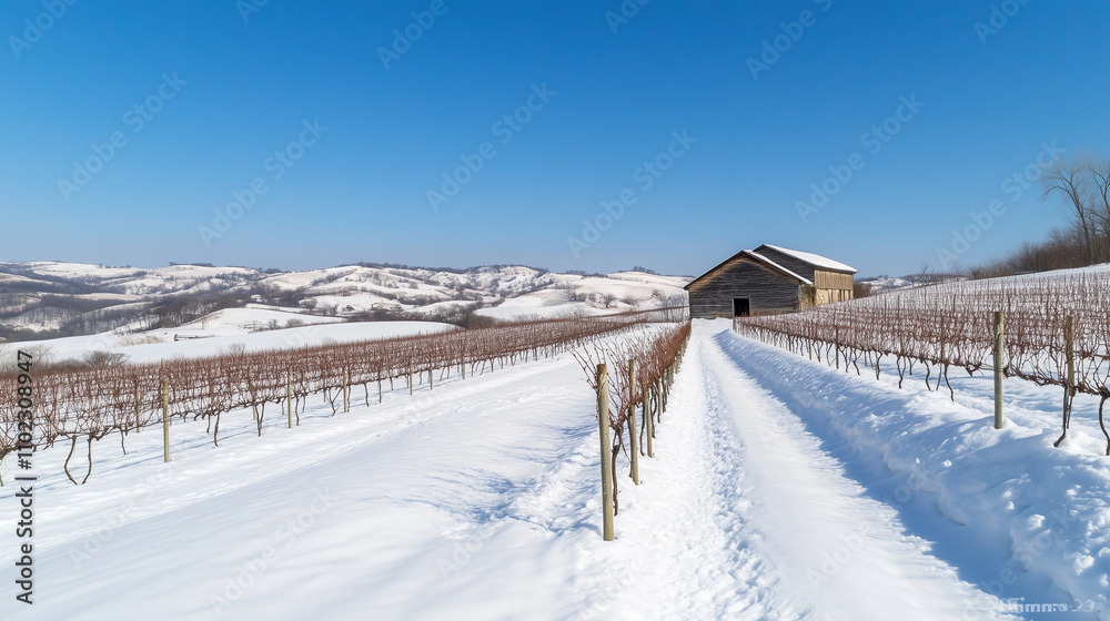 Winter Vineyard Landscape with Snow Covered Vines and Clear Sky Winter Vineyard Landscape with Snow Covered Vines and Clear Sky