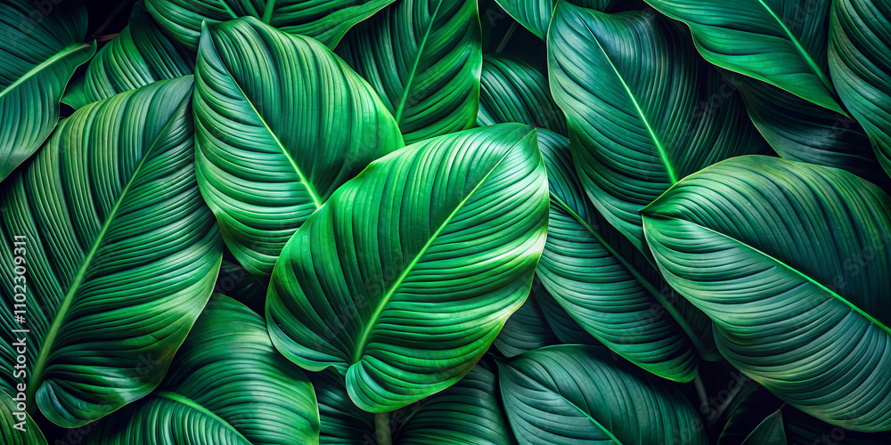 A close-up of various large green leaves fills the space, showcasing their texture and shades. This diverse foliage creates a refreshing and calming atmosphere in a natural setting A close-up of various large green leaves fills the space, showcasing their texture and shades. This diverse foliage creates a refreshing and calming atmosphere in a natural setting