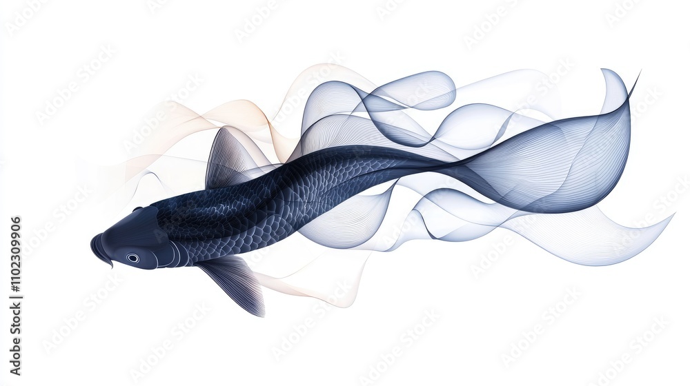 Elegant Black Fish with Ethereal Swirls and Flowing Lines on a Clean White Background, Perfect for Art and Design Projects Focused on Nature and Beauty