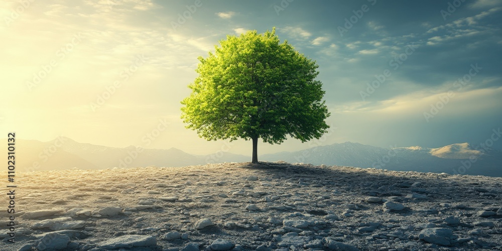 Lonely green tree standing in a desert landscape contrast between life and aridity bright natural daylight minimalistic representation of resilience Lonely green tree standing in a desert landscape contrast between life and aridity bright natural daylight minimalistic representation of resilience