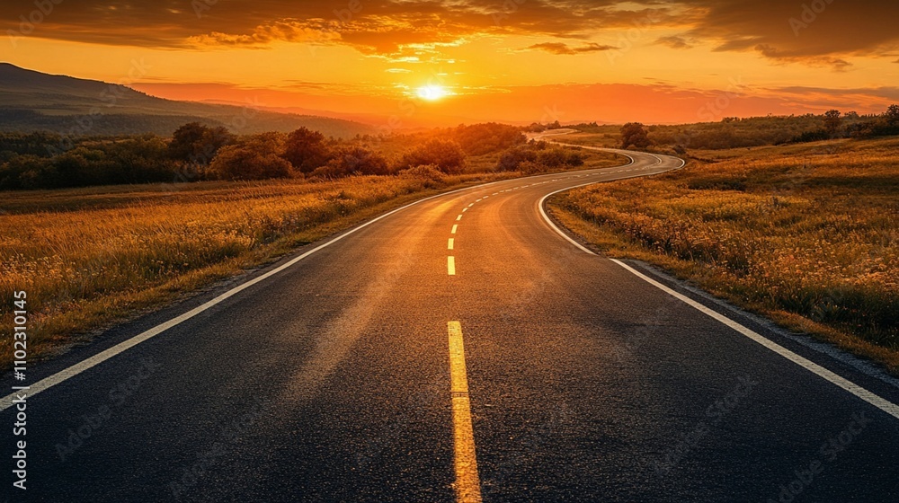 scenic asphalt road curves gracefully, surrounded by a golden sky and towering mountains as the sun dips below the horizon. scenic asphalt road curves gracefully, surrounded by a golden sky and towering mountains as the sun dips below the horizon.