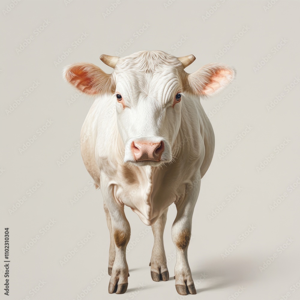 Realistic Close-Up of a White Cow Standing Against a Neutral Background, Capturing the Beauty of Livestock and Farm Life in a Contemporary Art Style Realistic Close-Up of a White Cow Standing Against a Neutral Background, Capturing the Beauty of Livestock and Farm Life in a Contemporary Art Style