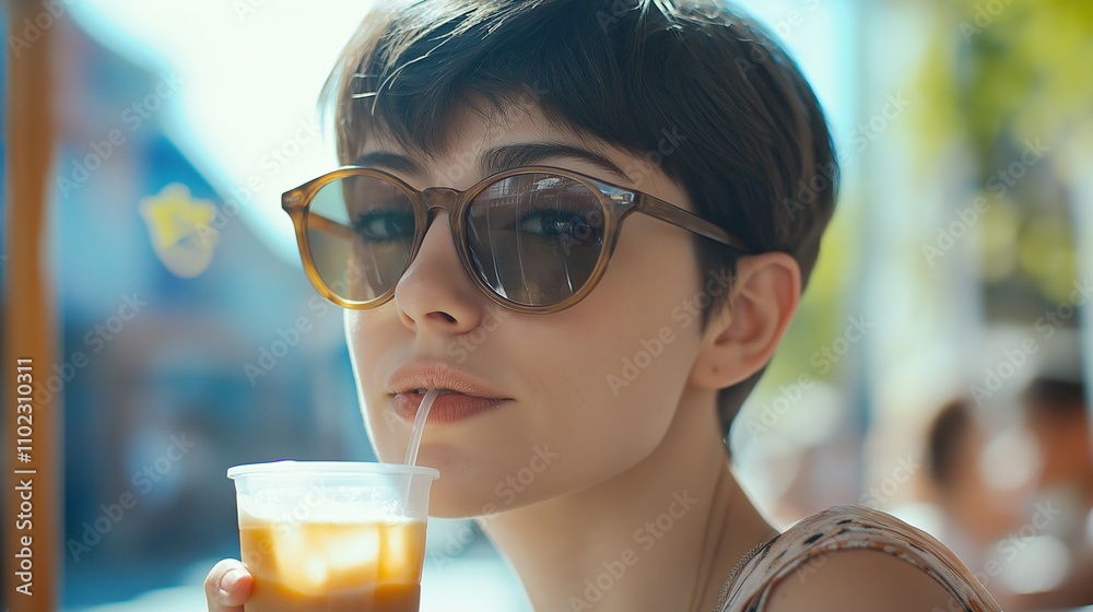 Fashionable woman with short hair and sunglasses is sipping iced coffee through a straw at an outdoor cafe on a bright summer day, enjoying a refreshing beverage Fashionable woman with short hair and sunglasses is sipping iced coffee through a straw at an outdoor cafe on a bright summer day, enjoying a refreshing beverage