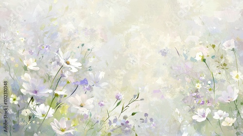Fototapeta Naklejka Na Ścianę i Meble -  Gentle brushstrokes create a dreamy backdrop for a profusion of delicate white and purple flowers, evoking a sense of tranquility and natural beauty in this abstract floral painting
