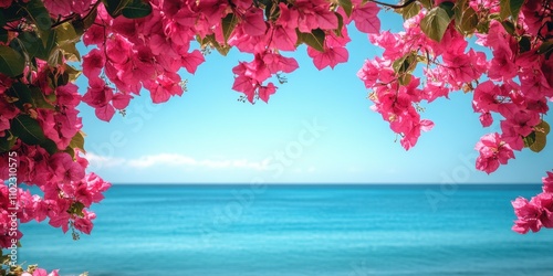 pink bougainvillea flowers with an ocean horizon in the background natural light vibrant colors tropical and serene mood