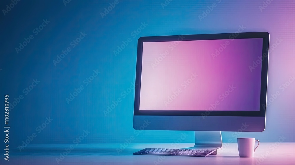 Modern Workspace with Minimalist Desktop Computer and Coffee Mug in Soft Gradient Lighting for Creative and Professional Use Modern Workspace with Minimalist Desktop Computer and Coffee Mug in Soft Gradient Lighting for Creative and Professional Use