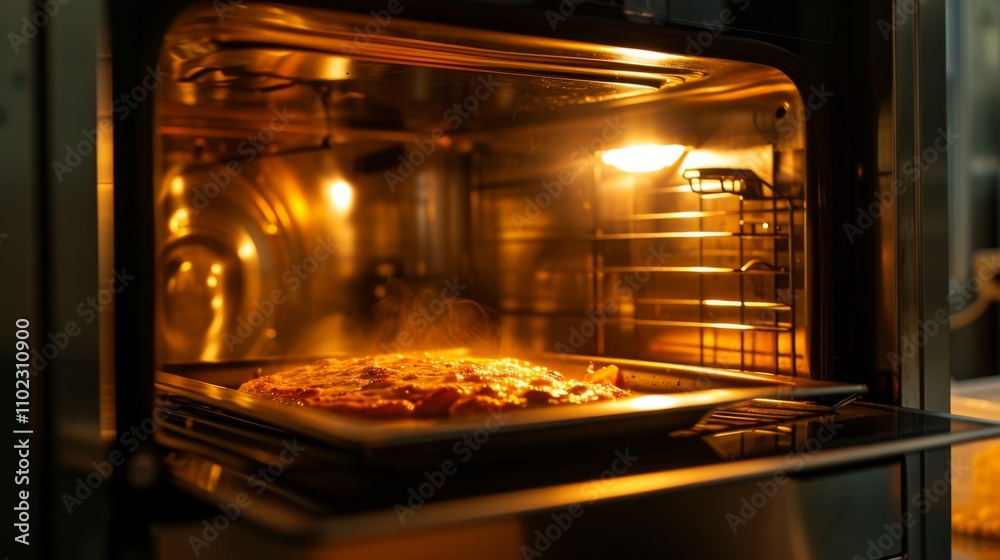 A view of lasagna cooking inside an oven with a glowing golden-brown crust. The heat and steam rising from the dish capture the warmth and satisfaction of a home-cooked meal in progress.