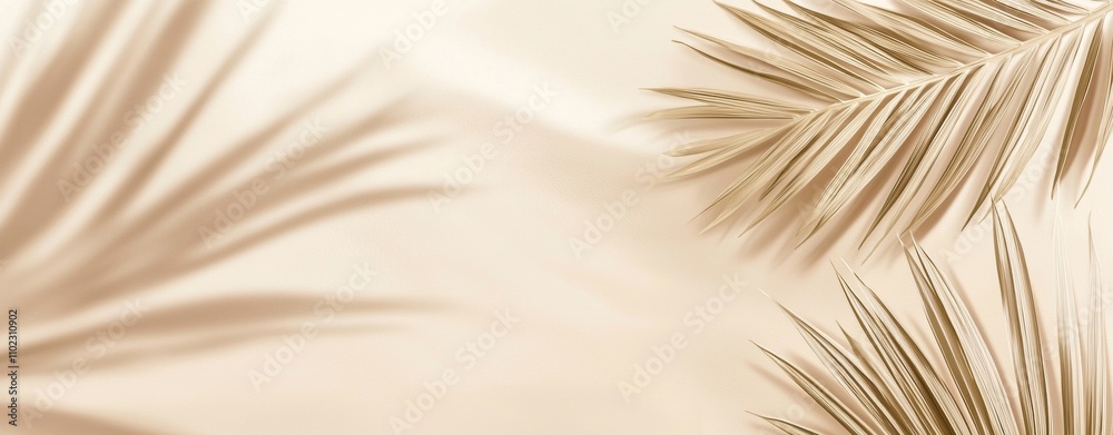 Obraz premium Golden palm leaves are casting shadows on beige background, creating a serene and elegant tropical aesthetic, perfect for beauty, fashion, or travel-related projects