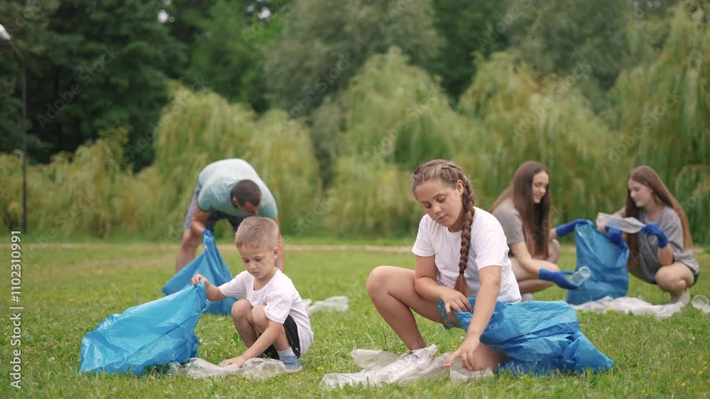 Volunteers collect plastic waste in the park. Trash volunteer clean concept. A family collects plastic garbage. Volunteer children collect trash and plastic community from residents of the. Volunteers collect plastic waste in the park. Trash volunteer clean concept. A family collects plastic garbage. Volunteer children collect trash and plastic community from residents of the.