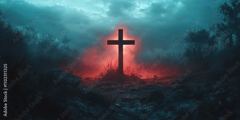 Fototapeta premium cross silhouette with dramatic sky and radiant light behind spiritual and inspirational atmosphere