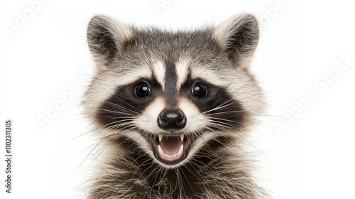 Headshot of a curious raccoon showing its teeth on a white background, creating a captivating and humorous image perfect for wildlife and nature projects photo