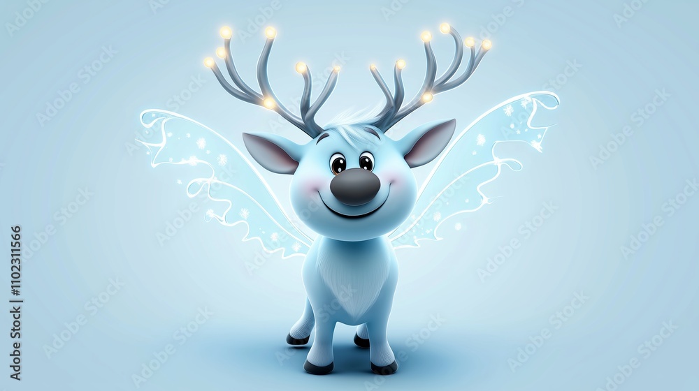 Cheerful, stylized reindeer with glowing antlers and sparkling fairy wings embodies the magic of winter holidays, bringing a touch of whimsy and joy to festive celebrations Cheerful, stylized reindeer with glowing antlers and sparkling fairy wings embodies the magic of winter holidays, bringing a touch of whimsy and joy to festive celebrations