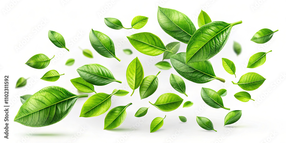 Various green leaves are scattered in the air, showcasing different shapes and sizes. The backdrop is bright, enhancing the freshness and vitality of the leaves Various green leaves are scattered in the air, showcasing different shapes and sizes. The backdrop is bright, enhancing the freshness and vitality of the leaves