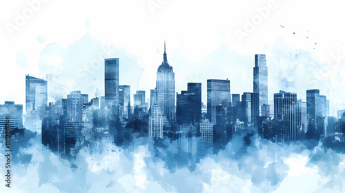 City skyline with dark sky-blue and dark white on watercolor background. Cerulean. Illustration