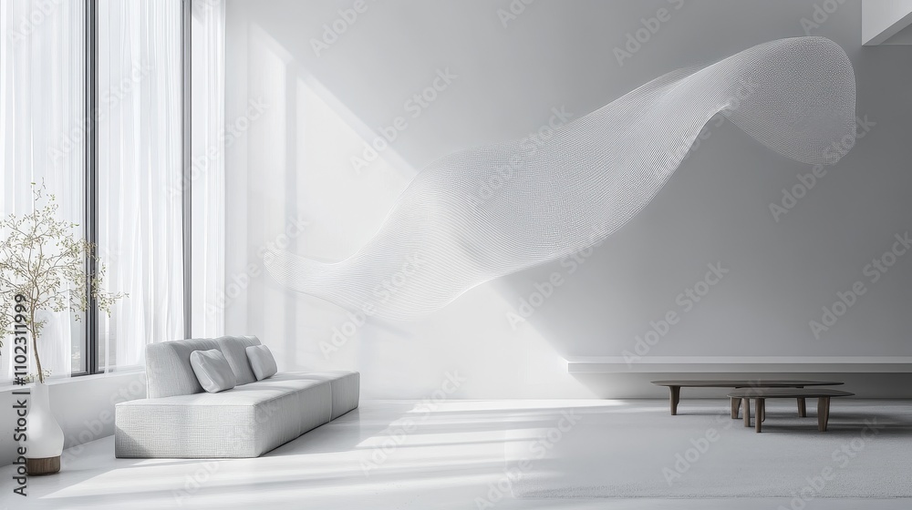 Serene Minimalist Interior with Flowing Curtains Serene Minimalist Interior with Flowing Curtains