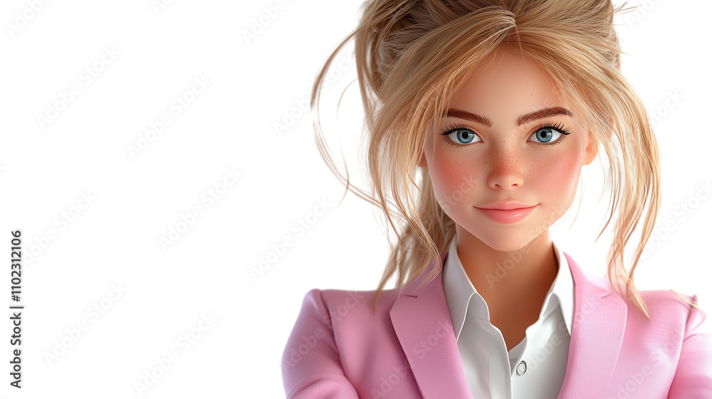Avatar of a young female customer service representative, wearing a pink business suit and white shirt. C4D rendering style, with a white background and a strong light source. Avatar of a young female customer service representative, wearing a pink business suit and white shirt. C4D rendering style, with a white background and a strong light source.