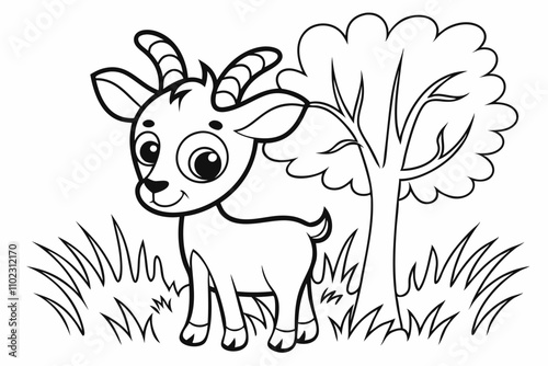 cute Deer, some grass and a tree, coloring book